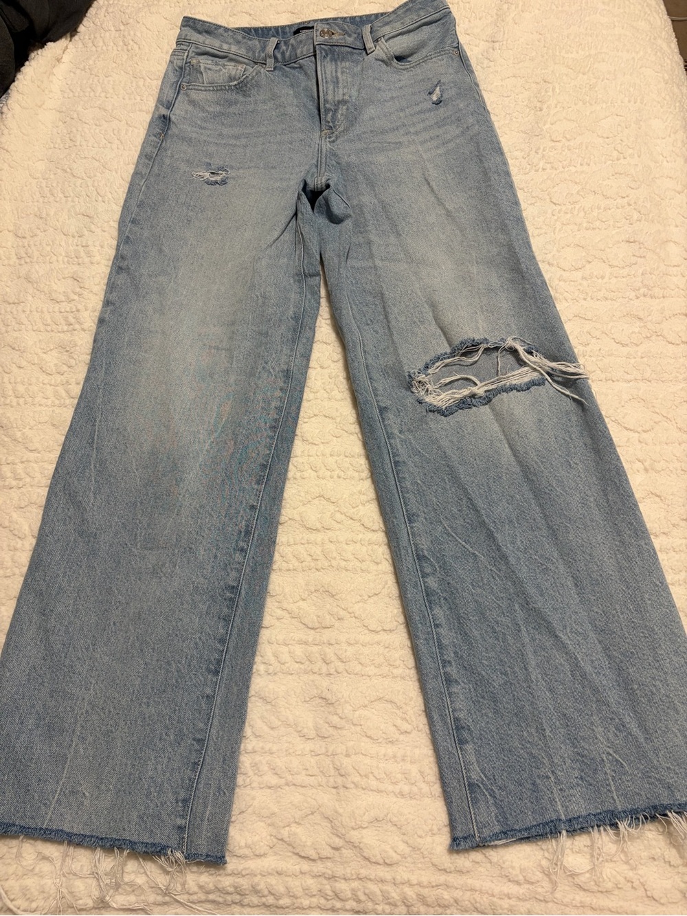 Express Light Blue Distressed Wide-Leg Jeans